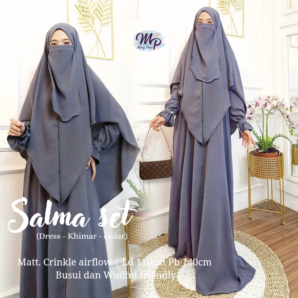 ORI Label MP Salma / gamis maxy dress set khimar plus cadar / katun krinkel airflow premium terbaru