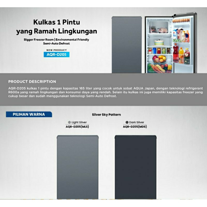 AQUA AQRD205MLS Kulkas 1 Pintu 165L Semi-Auto Defrost Rak Kaca Tempered