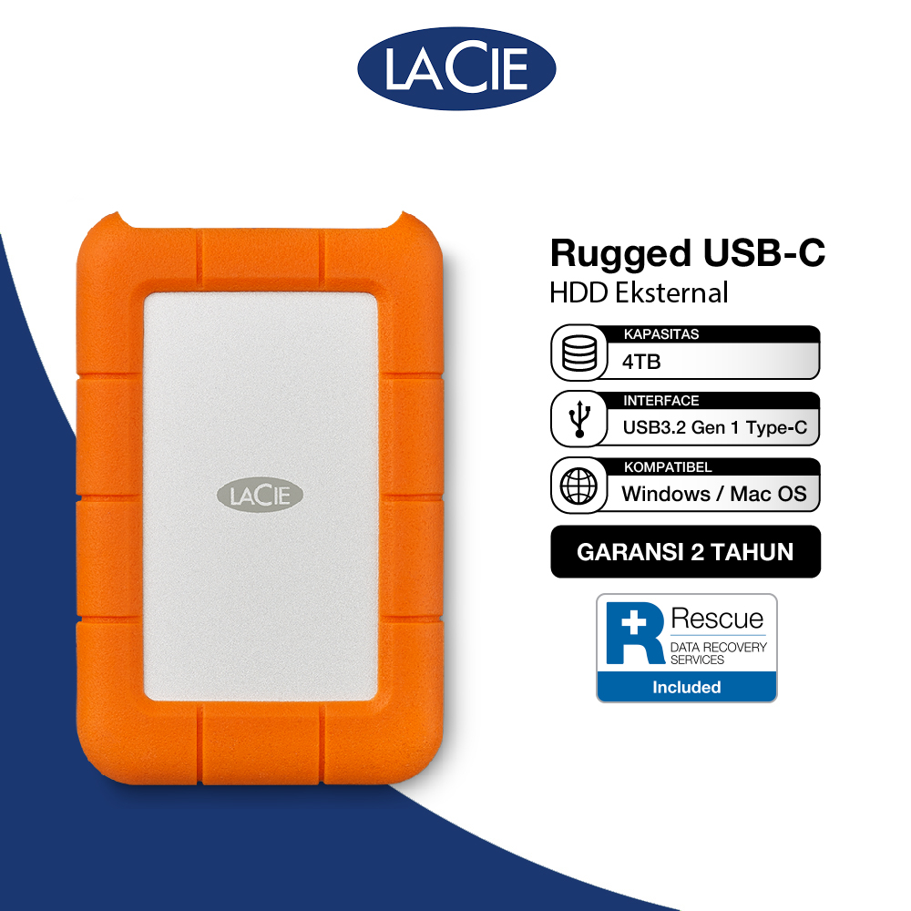 LaCie Rugged USB-C Hardisk Eksternal 4TB USB Type-C