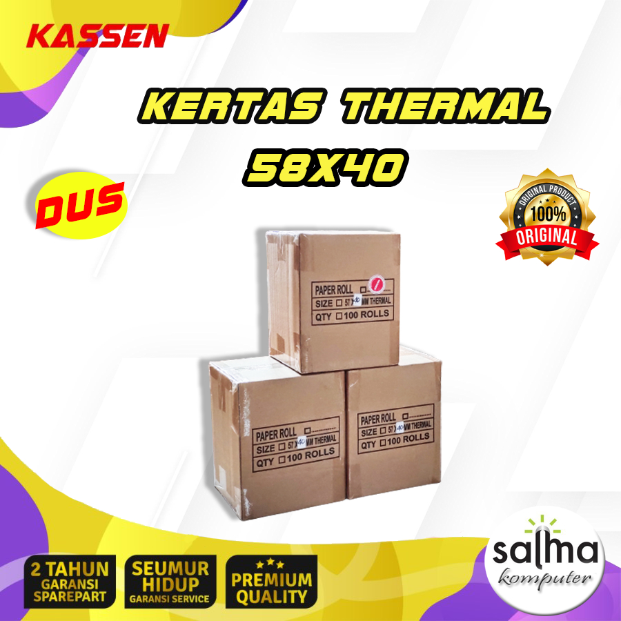 

Kertas Thermal Kassen 58x40 Paper Roll 57x40 1 dus isi 100 roll