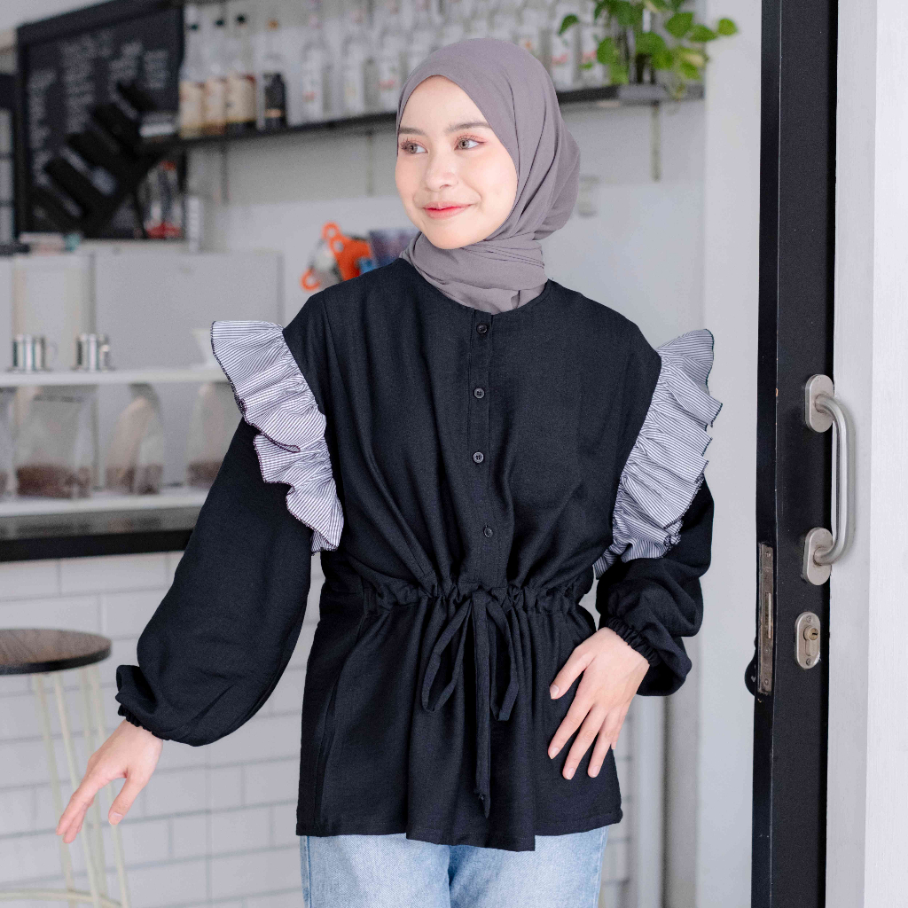 Mybamus Dilla Ruffle Blouse – Atasan Serut Pinggang - Kemeja Linen Wanita Kekinian - Baju Busui
