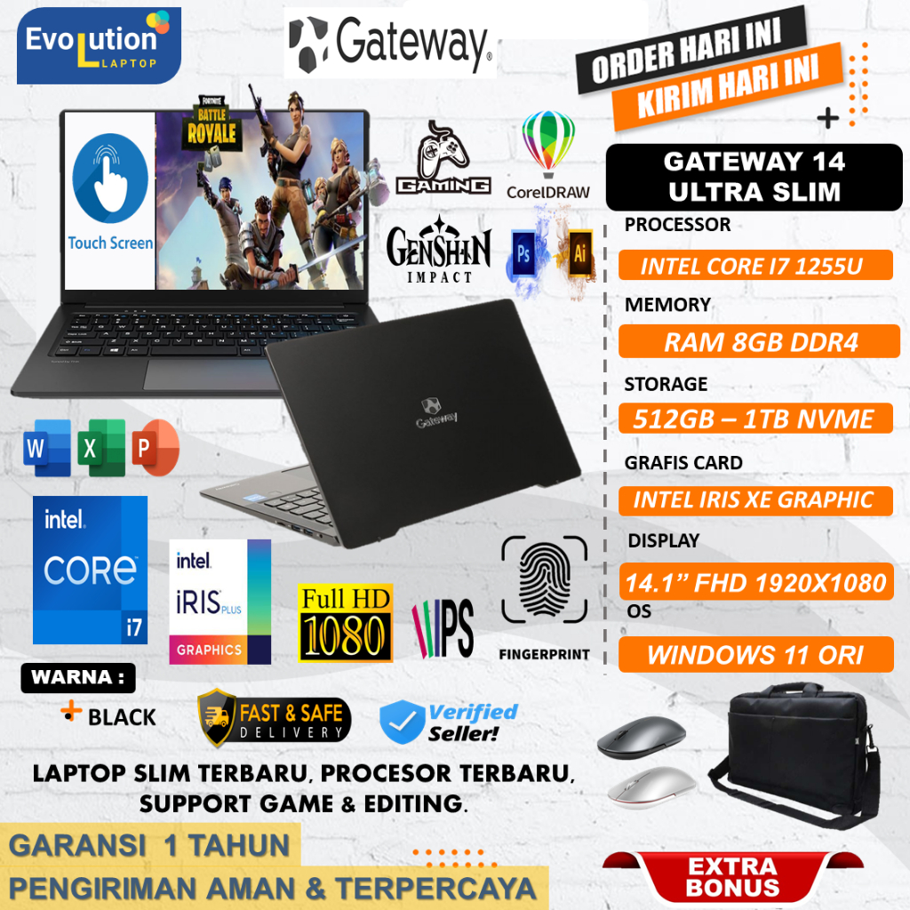 Laptop touchscreen i7 Gateway Ultra Slim Core i7 1255u GEN12 Ram 8GB 1TB SSD Black terlaris original