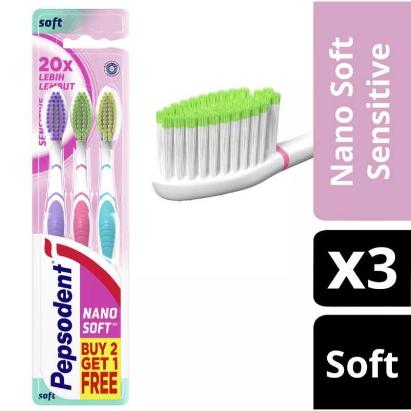 Pepsodent Toothbrush Sikat Gigi Nanosoft Sensitive 3pcs, Pepsodent  Nano soft isi 2 pcs