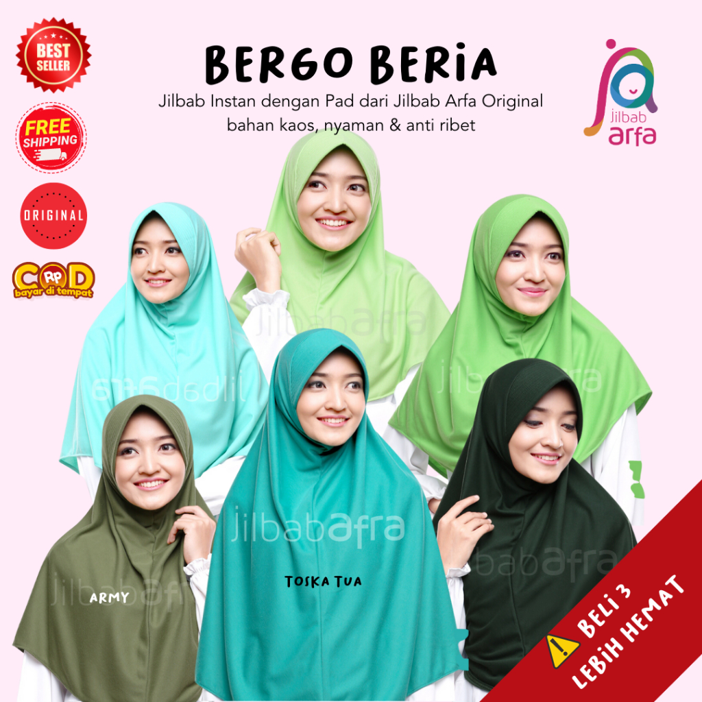Beria Bergo Pad Topi Green Series by Jilbab Arfa Jilbab Afra Hijau Army Hijau Daun Hijau Muda Toska 