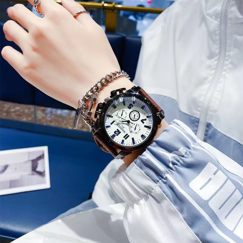 Acc119 Jam Tangan Pria  Bulat  Jam Tangan Pria Quartz dengan Strap Kulit Sintetis