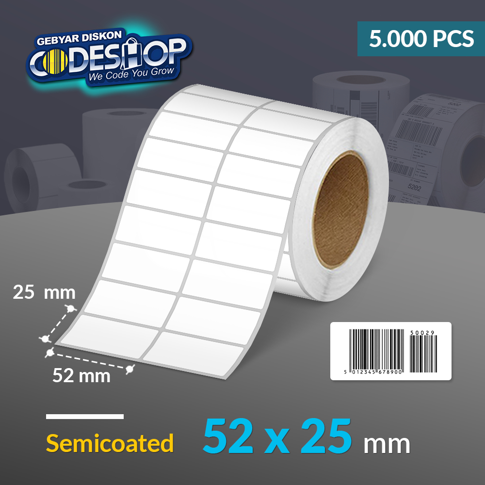 

Codeshop Label Semicoated 52 x 25 mm 2 Line Stiker Printer Barcode Core Besar 3 Inch Isi 5000 Pcs