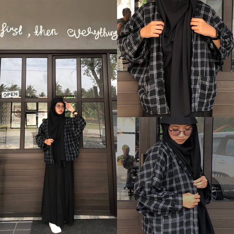 Kardigan Balon Grid Outer Flanel Oversize Cardigan Wanita Kotak2 Korean Style Jumbo Lengan Panjang V
