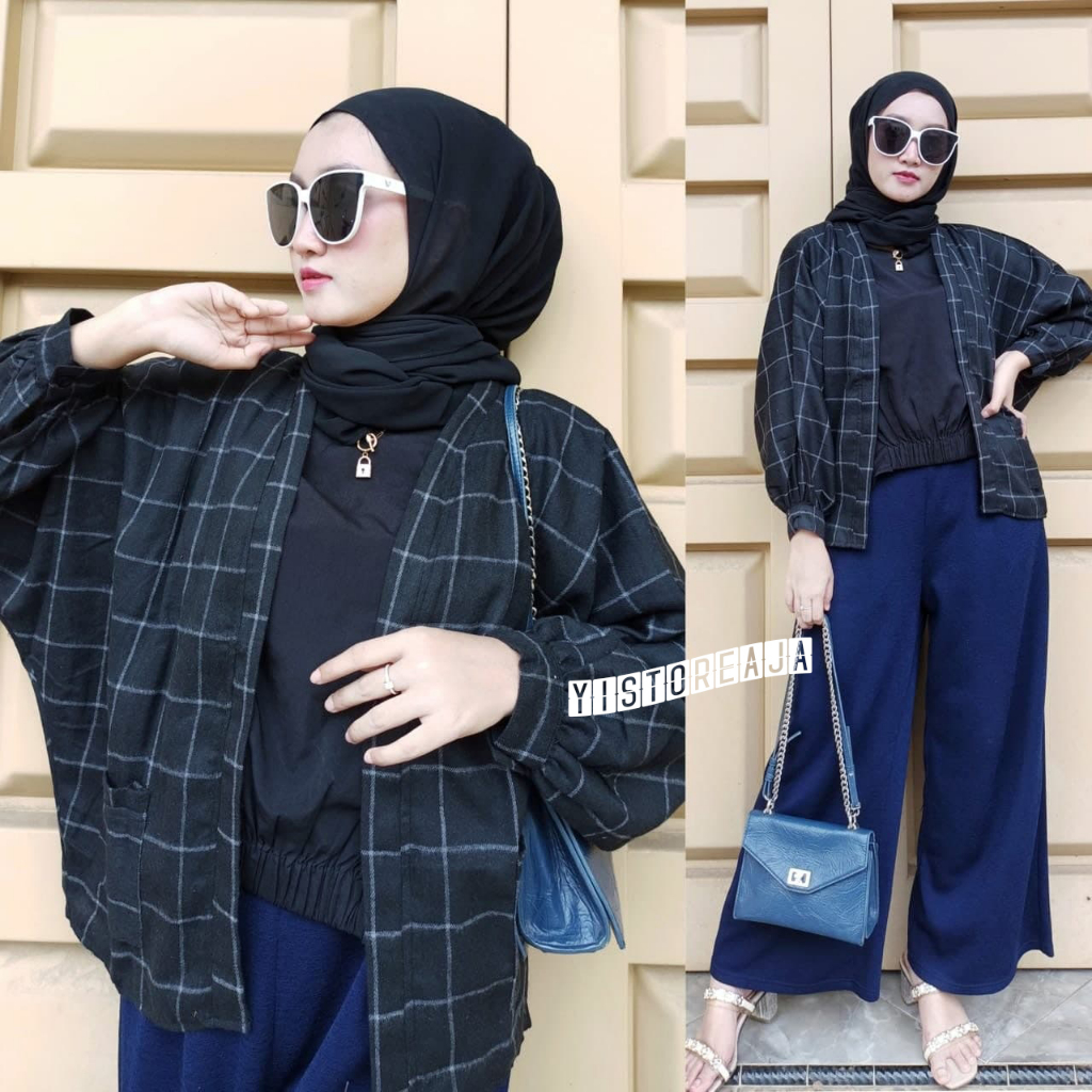 Outer Balon Flanel Grid Oversize Cardigan Wanita Kotak2 Korean Style Jumbo Lengan Panjang Viral Keki