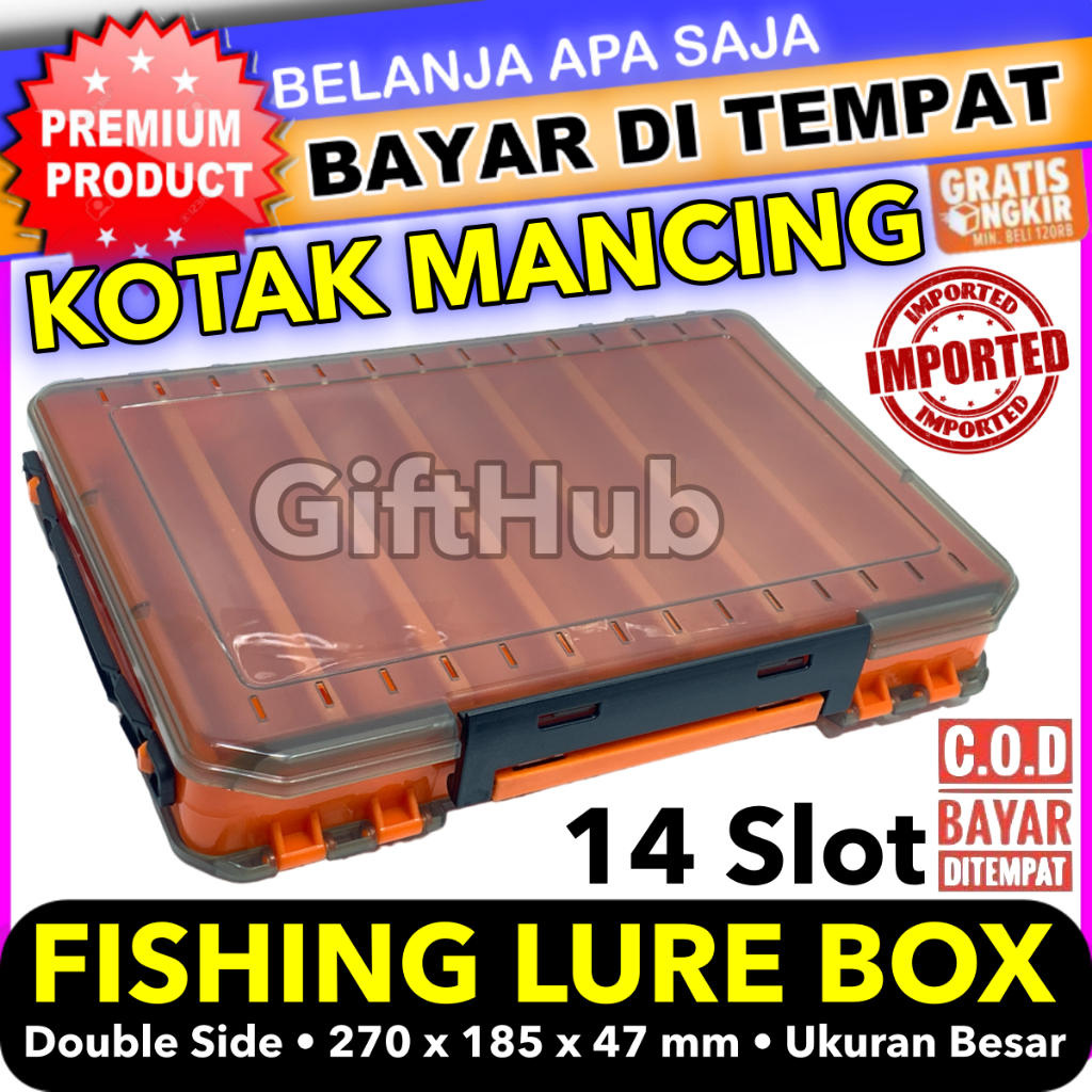 Fishing Lure Storage Box Kotak Perkakas Kail Pancing Dua Sisi 14 Slot Ukuran Besar Kompartment Tempa
