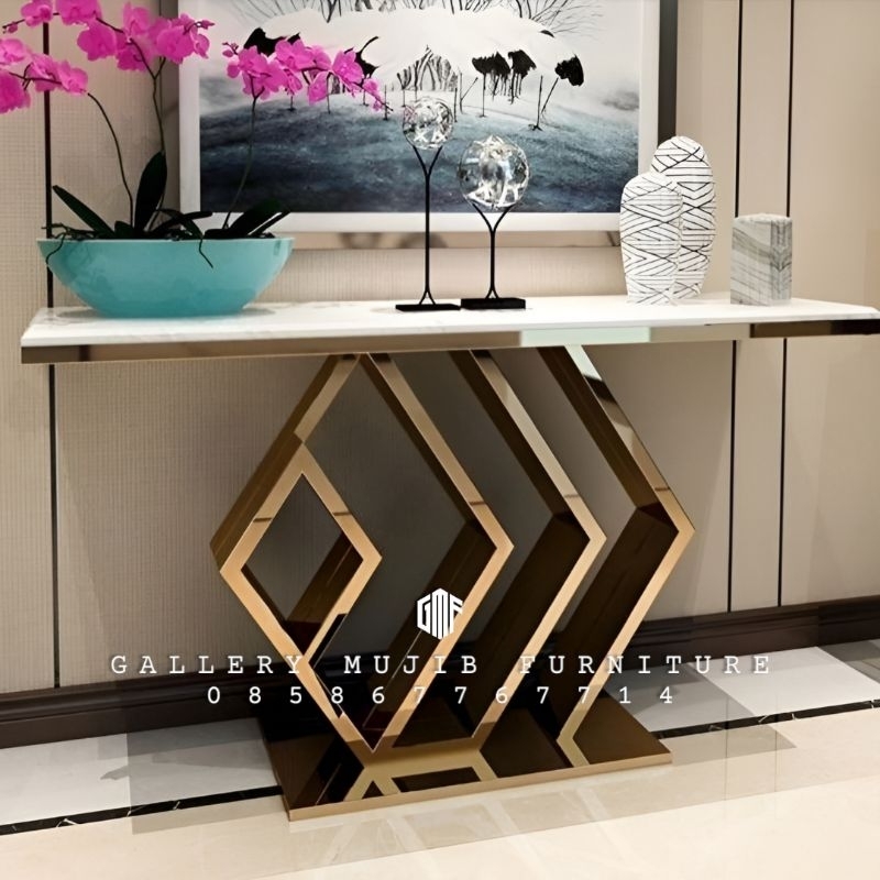 meja konsol stainless rose gold marmer putih carara console table stainless