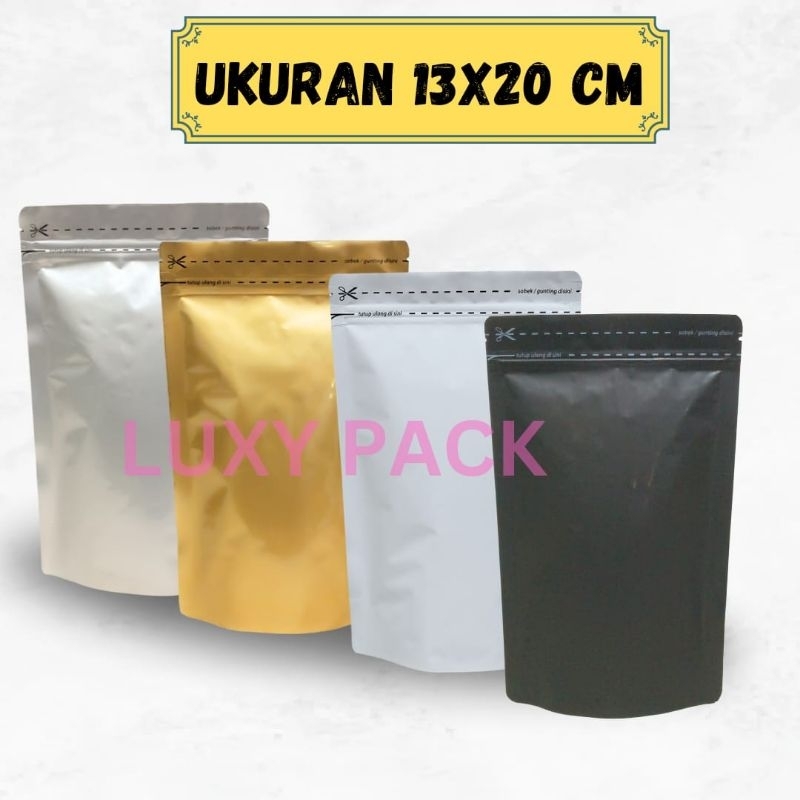 STANDING POUCH ALUMINIUM FOIL WARNA 13X20 KEMASAN MPACK PLASTIK KLIP