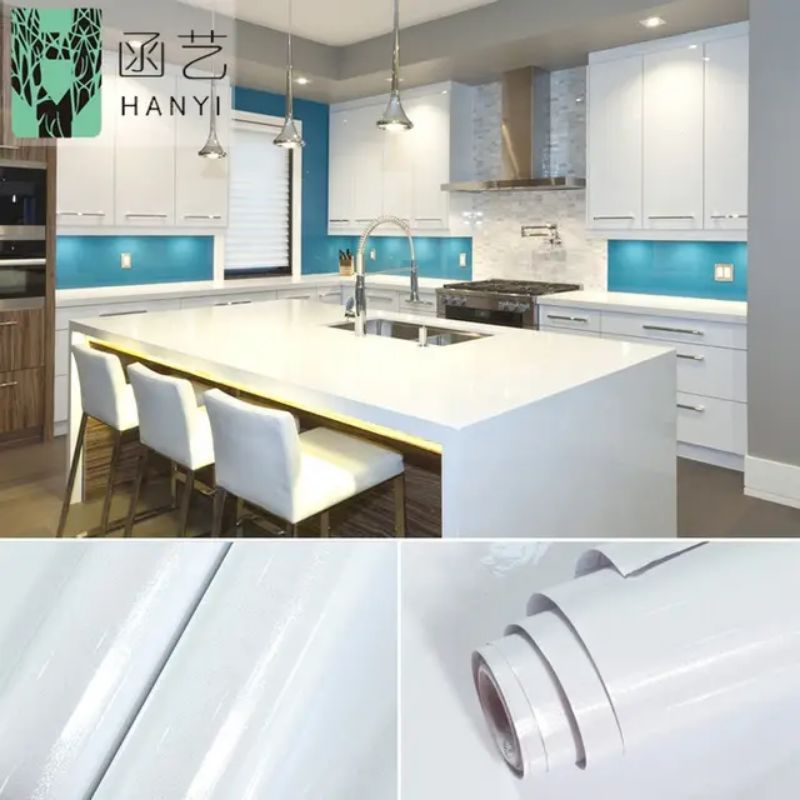 WALLPAPER STICKER DINDING KITCHEN SET Putih Polos Glossy Ukuran 60 x 3 M Dekorasi Dapur Kamar Mandi