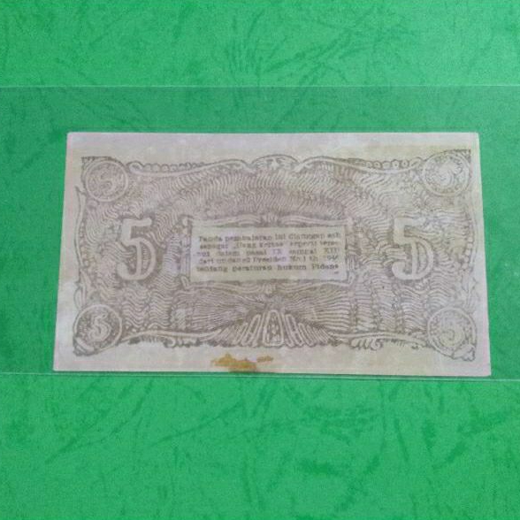 ORIDA 5 Rupiah Coklat Bukti tinggi 1948