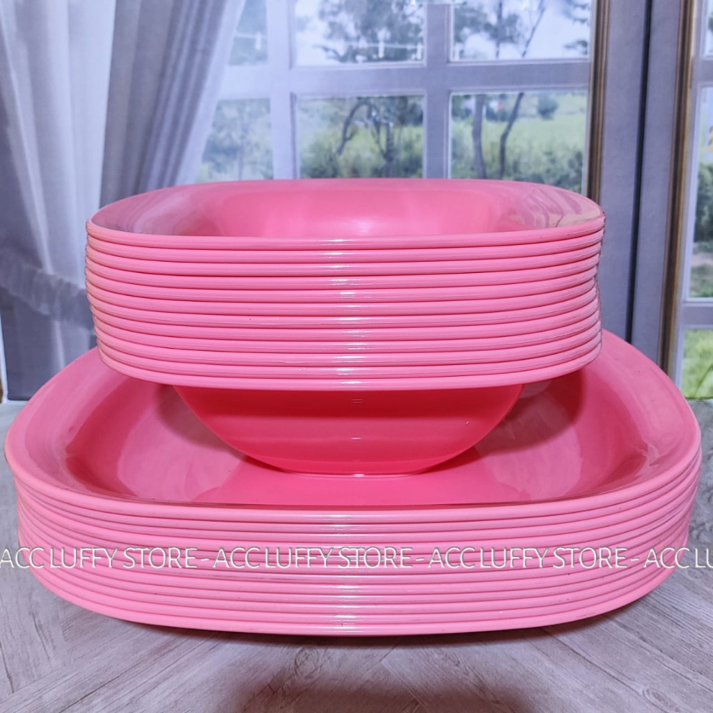NEW SATU LUSIN/12 PCS Piring Mangkok Pink -Piring Harmonis - Set Piring dan mangkok Plastik Murah