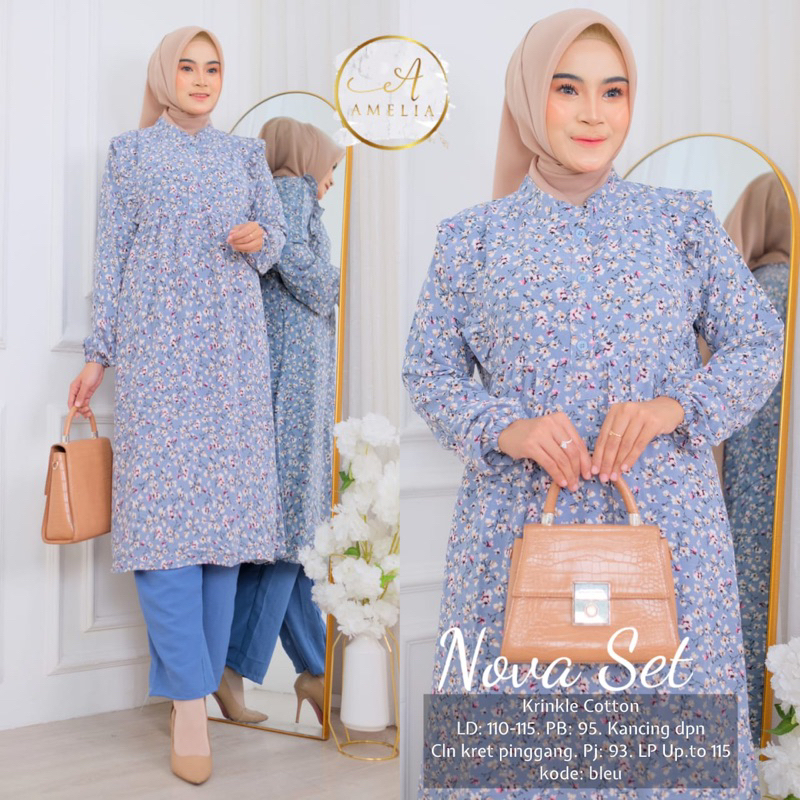 NOVA ONESET ORIGINAL BY AMELIA SETELAN BAJU WANITA LONG TUNIK MOTIF BUNGA DAN CELANA PANJANG SETELAN