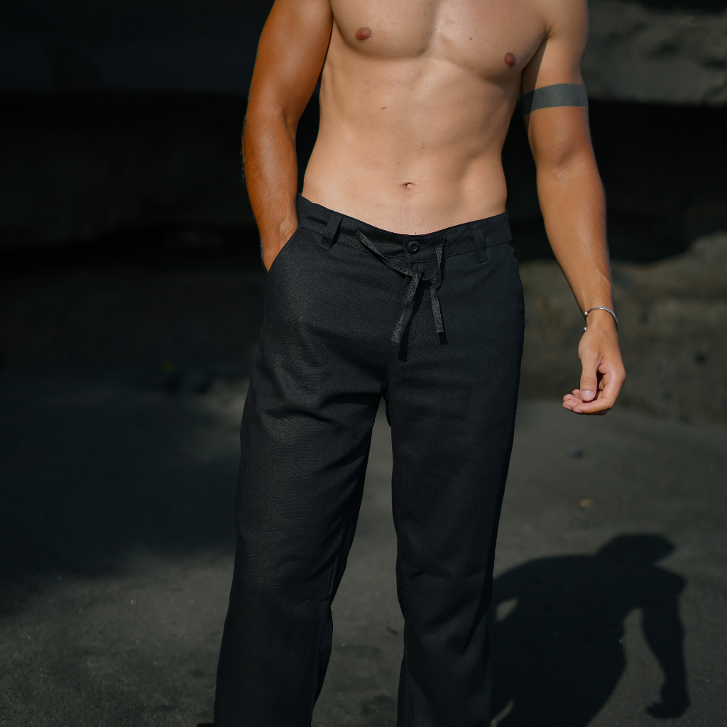 BEACHWELL Celana Panjang Pria Linen Rayon Asli Warna Hitam Polos Premium Koleksi Bali Trouser Pants 