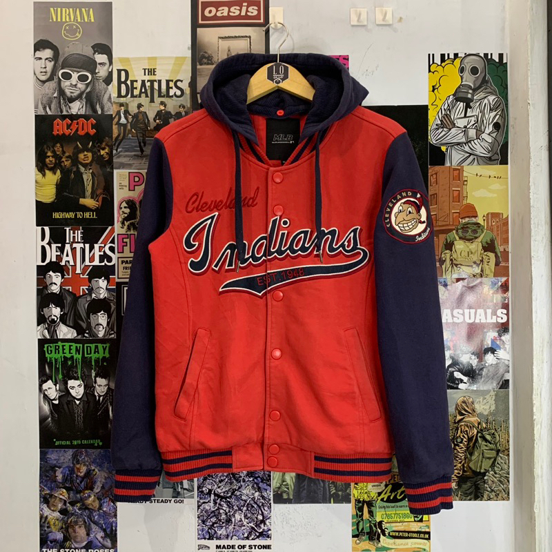 Jaket Varsity Hoodie Pria / Wanita MLB Indians Merah Navy