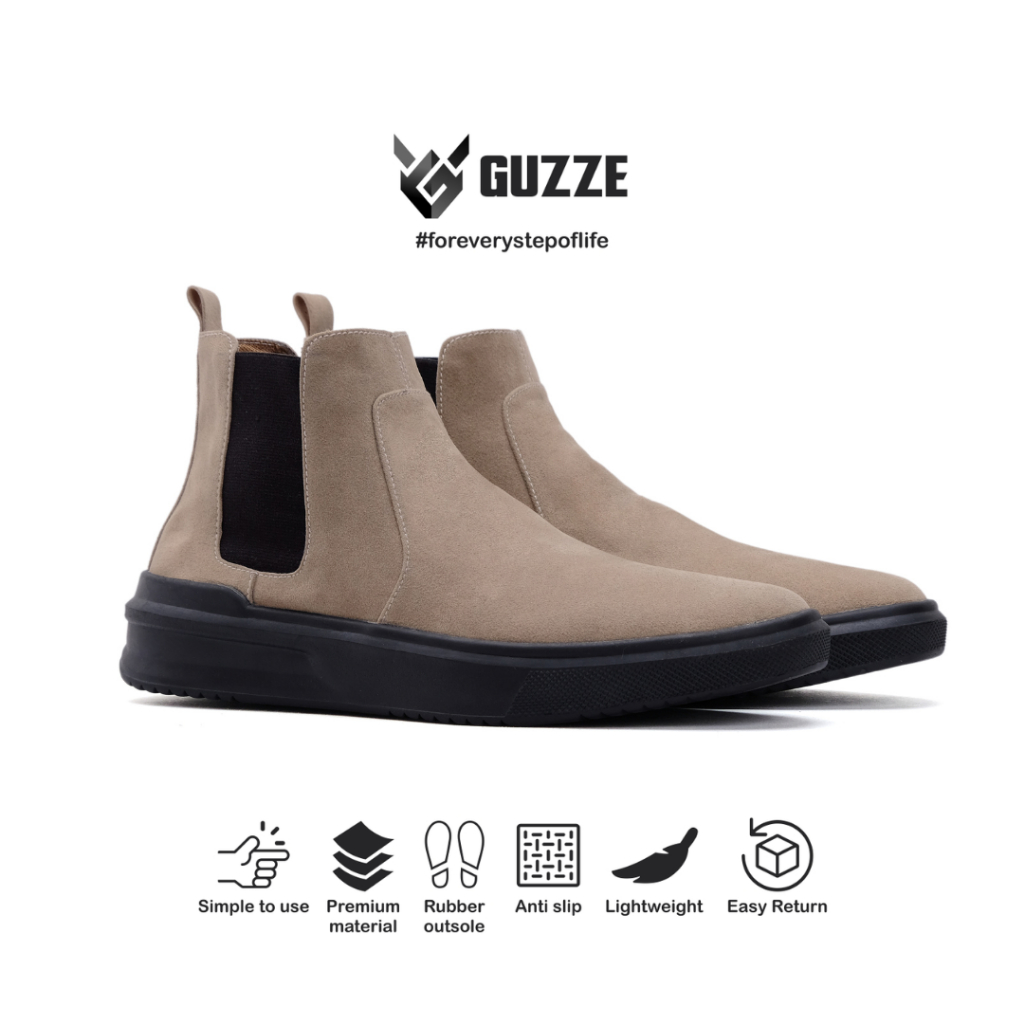 Sepatu Suede Chelsea Boots Pria Casual Guzze Axton Cream