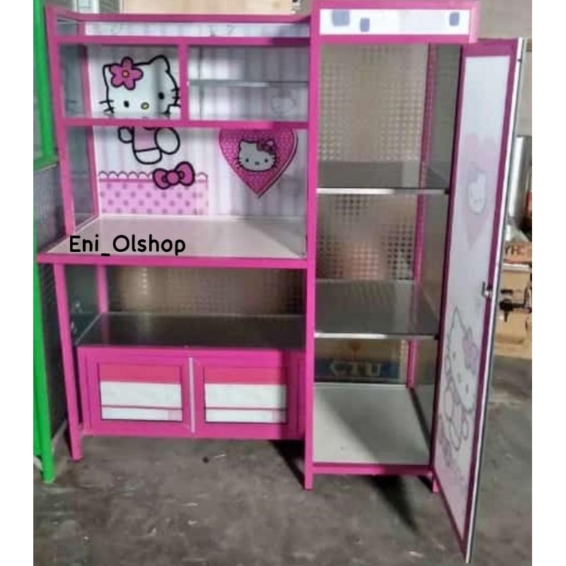 MEJA BELAJAR ANAK ALUMUNIUM KARAKTER (HELLO KITTY) PINK, 3 PINTU + LACI, LEMARI