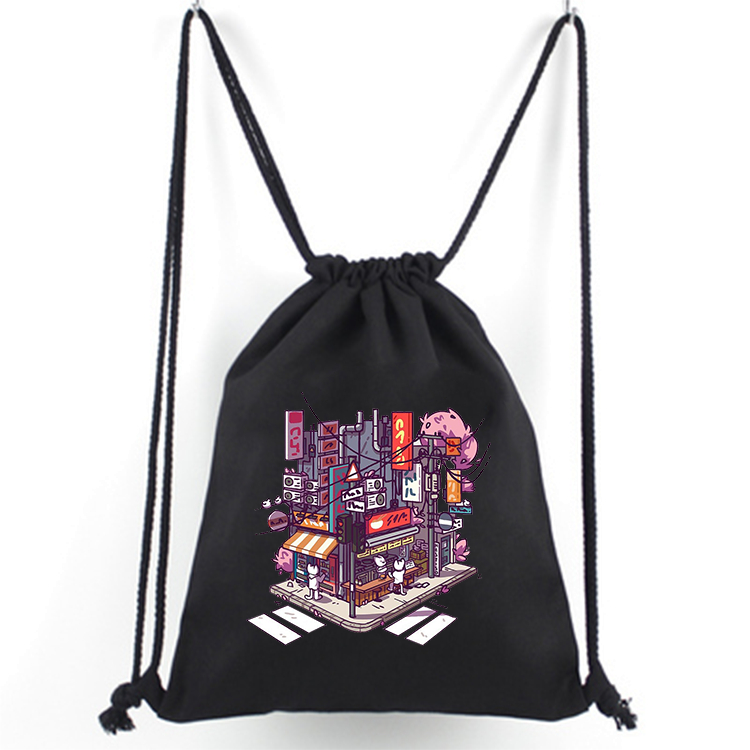 Tas Serut Hitam Kanvas Motif Aesthetic Cube Room / Kotak Estetik Room / Tas Gendong / hampers anak /