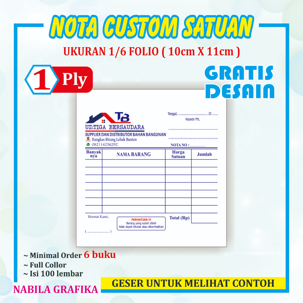 

Cetak Nota kecil 1/6 isi 100 lembar Bahan HVS Custom Nama toko sendiri free desain