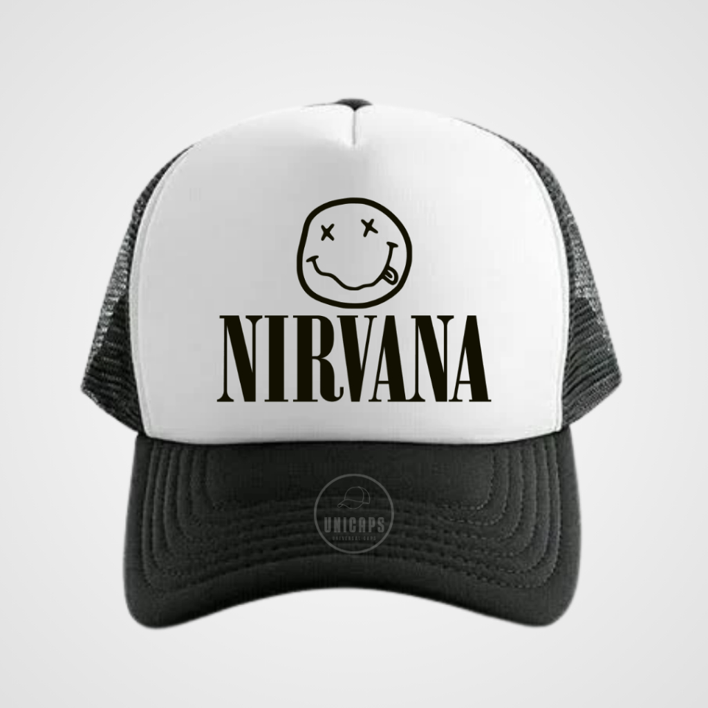 UNICAPS TOPI JARING KOREA SABLON NAMA BAND NIRVANA ORIGINAL WARNA HITAM PUTIH MURAH
