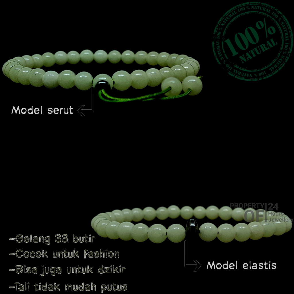 Gelang batu fosfor asli 33 butir / Gelang fosfor glow in the dark / Gelang batu akik / Gelang pria /