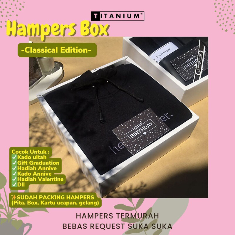 

HAMPERS KADO CLASICAL ULTAH PACAR CEWEK COWOK HOODIE HITAM BORDIR TEBAL BOX TRANSPARAN