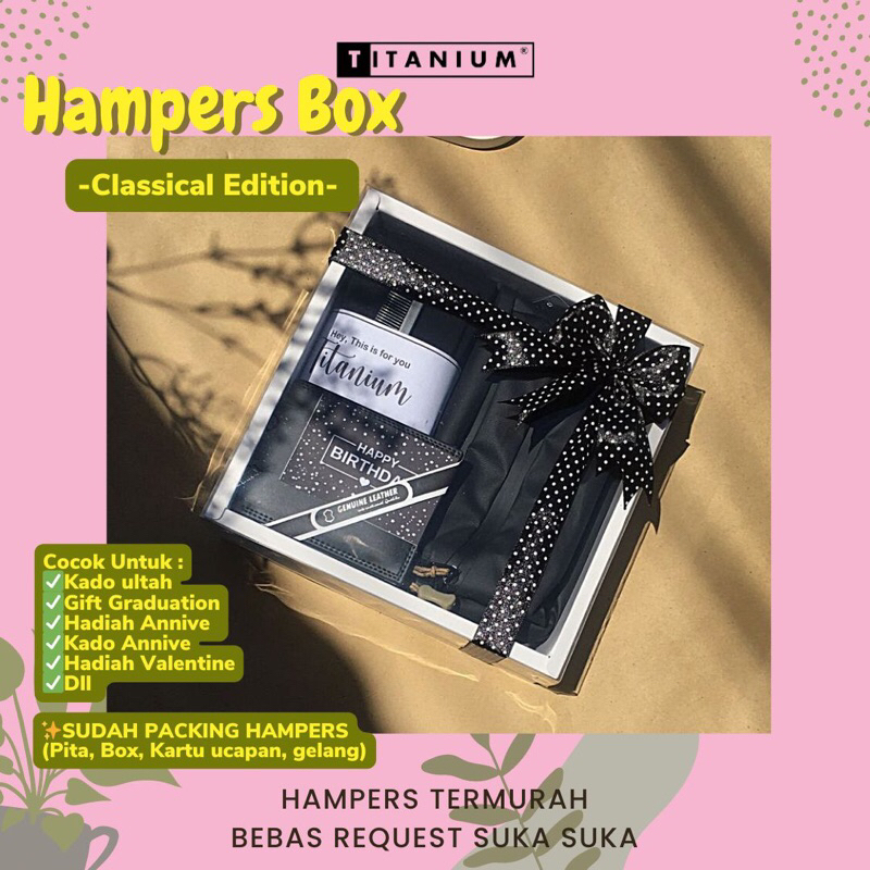 

HAMPERS HADIAH CLASICO KADO ULTAH COWOK LENGKAP BLACK SERIES ISI KAOS CATTON COMBED WAISTBAG DOMPET BOX TRANSPARAN