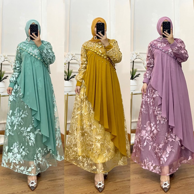 GAMIS TULLE KOMBINASI CERUTY BABYDOLL / GAMIS PESTA MEWAH / GAMIS KONDANGAN / BAJU GAMIS PESTA TERBA