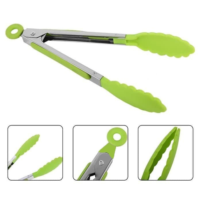 Penjepit Makanan Silicone + Stainless Capitan Salad Buah Gorengan Kue Roti Bakpao Mie Anti Lengket Pinset Alat Jepitan Makanan Plastik Tahan Panas Food Tongs Serbaguna-5