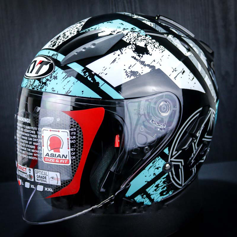 HELM KYT GALAXY SLIDE #5 FLAT R  BLACK AQUA BLUE  DOUBLE VISOR