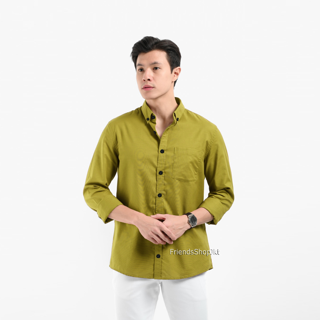 Kemeja Kasual Pria Polos Lengan Panjang Berkualitas Cowok Slimfit Warna HIJAU LEMON