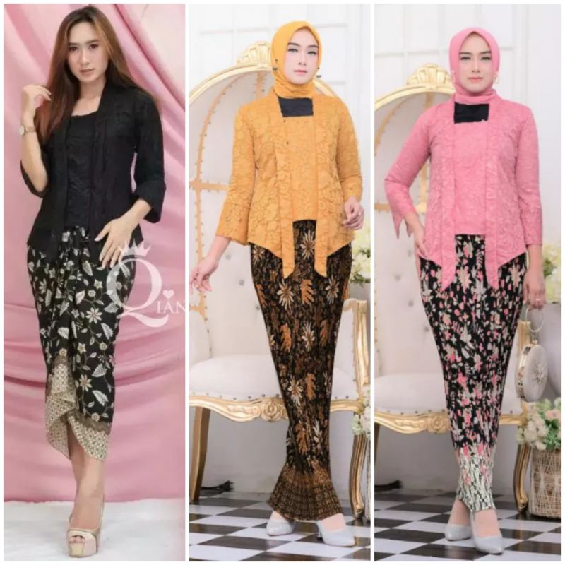 Set Baju Kebaya Modern Atasan Kebaya Kutu baru Brokat Lengan 7/8 Baju Kondangan Wanita