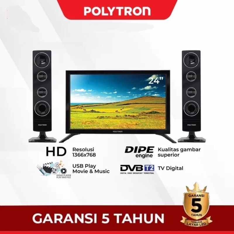 POLYTRON TV LED DIGITAL DVB -T2 24 inch - PLD24TV1855 + SPEAKER TOWER Garansi Resmi Original 100%