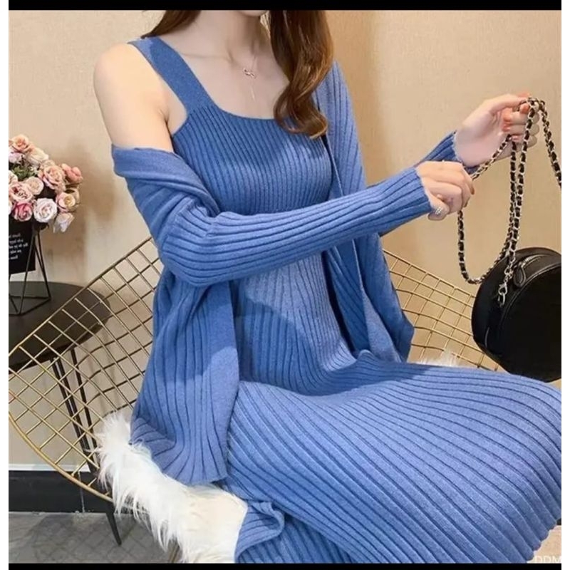 NEW SET INNER DRESS KNIT+CARDIGAN BAHAN KNIT HORNET PREMIUM