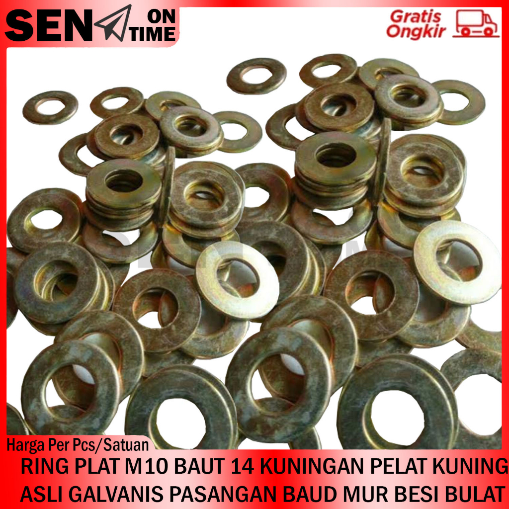 RING PLAT M10 BAUT 14 PER PCS KUNING PELAT KUNING KUNINGAN BULAT BUNDAR KECIL ASLI GALVANIS GALPANIS