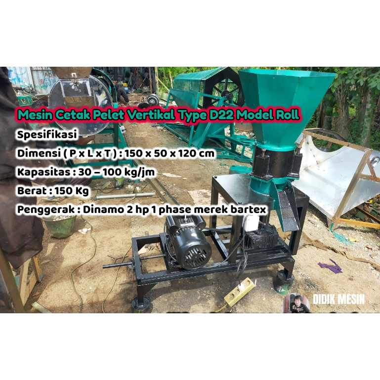 Mesin Cetak Pelet Vertikal Type D22 Model Roll 3 Komplit Dinamo 2 hp 1 Phase Merk Bartex