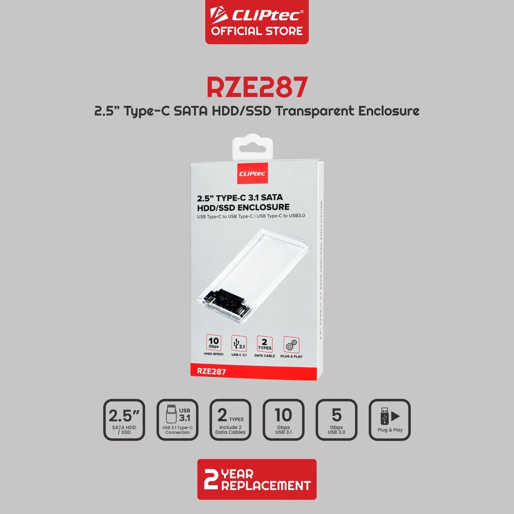 Case Enclosure HDD/SSD 2.5 Inch SATA Type-C USB 3.0 Transparent CLIPtec RZE287
