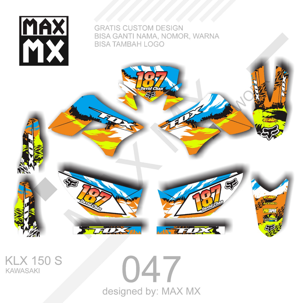 decal keren stiker full body klx 150 s variasi striping motif fox oren biru