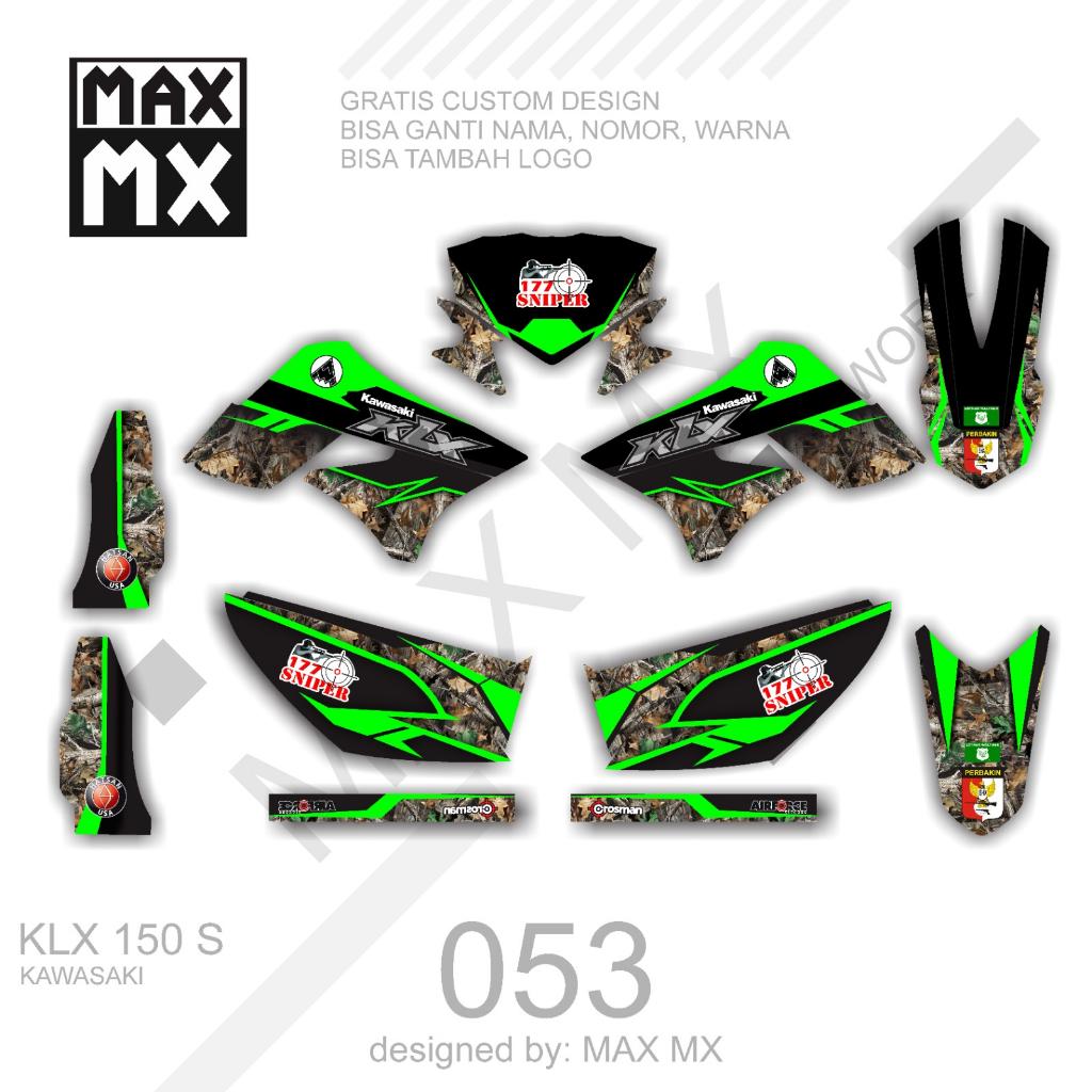 decal keren stiker full body klx 150 s variasi striping motif loreng hijau hitam