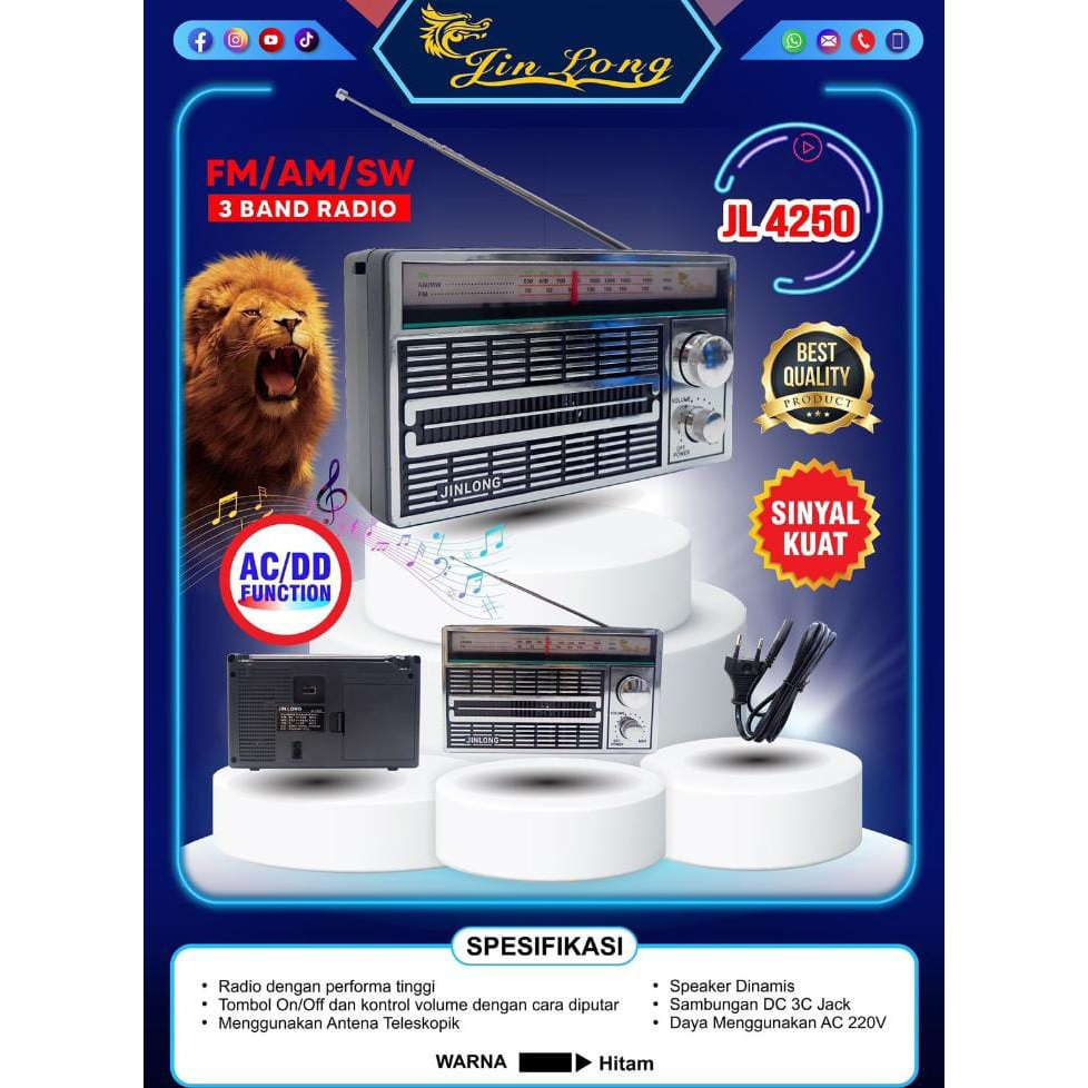 Radio FM AM Jinlong JL-4250 AC DC Bisa pakai Batterai & Listrik JL 4250 NATIONAL