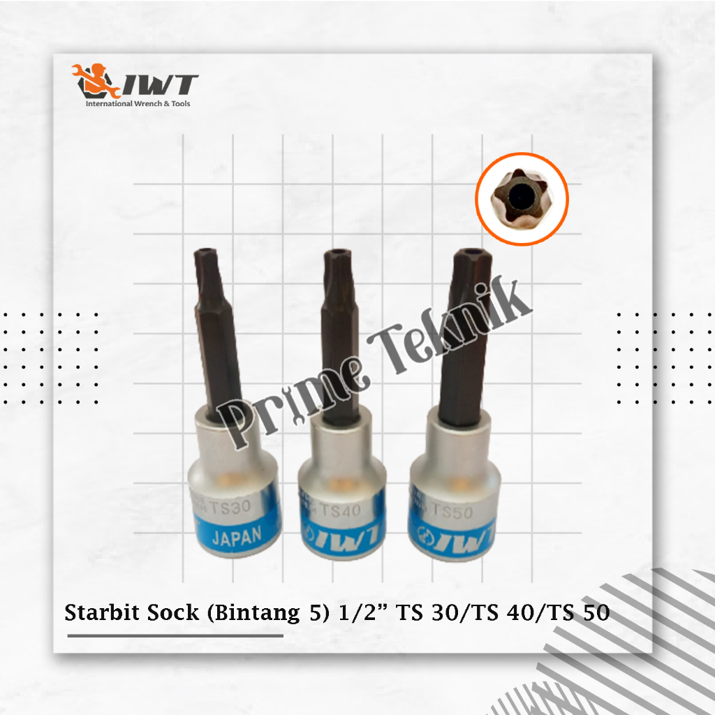 Star Bit Socket Segi 5 Bintang 5 1/2" TS30 TS4 TS50 Lubang IWT Kunci Mata Starbit Torx Bit T30 T40 T