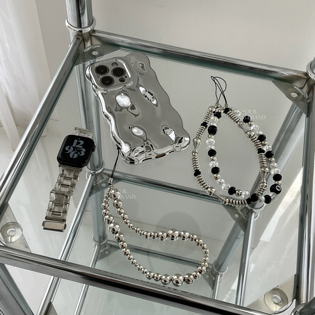 ⋆˙⟡[ PS - 624 ] [ READY STOCK ]⟡˙⋆ Universal silvery phone strap phone charm keychain with black beads tali handphone silver gaya hiphop handmade aesthetic