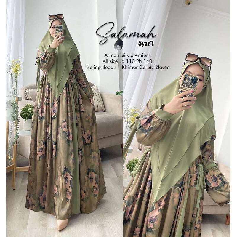 gamis motif busui armani silk set khimar premium kekinian terbaru