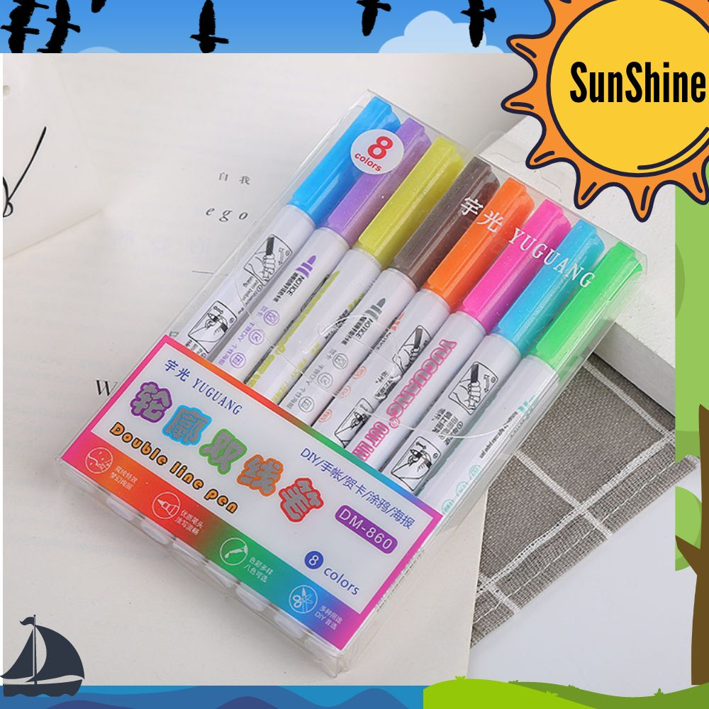 

✨ Sunshine Fancy ✨ Spidol Gliter / Double Line Pen 8 Pcs S7008