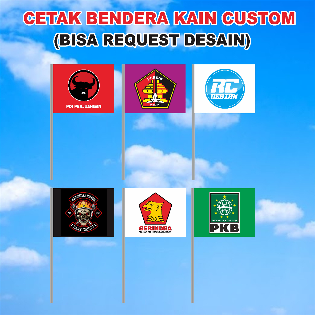 CETAK BENDERA KAIN CUSTOM DESAIN (PARTAI, KOMUNITAS, CLUB, SUPORTER, LOGO, DLL)