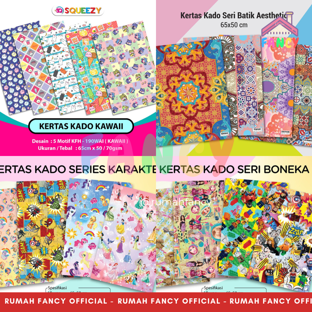 

[FREE BUBBLE WRAP] 50 Lembar Kertas Kado SQUEEZY BAHAN DOFF Aneka Motif Karakter (65x50/70 gsm)