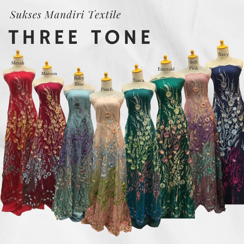 Brokat Tulle Bunga Three Tone warna gradasi tiga 3 warna bunga timbul bunga merambat, Harga per 1/2 