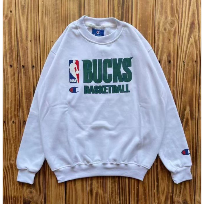 Zodagard - Sweater Crewneck Champion x NBA Bucks putih pria wanita Premium L XL Unisex